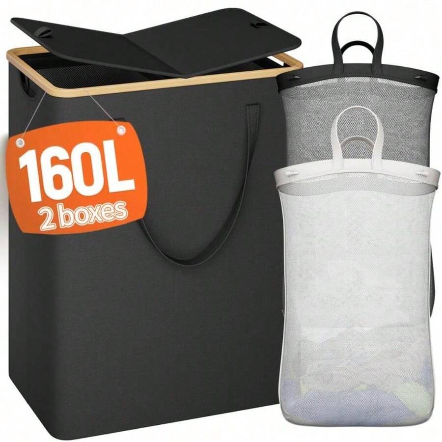 Cesta de lavandería Raybee Furniture de 160-250L con tapa, 3 secciones, plegable, extraíble y lavable, con tela de Oxford de 600D reforzada