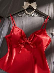 Conjunto de pijama sexy para mujer con top de tirantes con nudo delantero de unicolor y shorts con estampado de corazones, para Navidad - Rojo y blanco - Ver 3