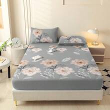 3pcs Fitted Sheet Set, Printed Fitted Sheet Set (Including Pillowcase, No Filling), 100% Polyester Fabric Printed Fitted Sheet & Bed Cover Set, Washable, Modern Minimalist Home Bedding