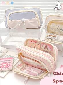 Estuche de lápices con cordón de gran capacidad, bolsa de bolígrafos de doble capa con color crema, papelería para niñas, regalos de vuelta a la escuela