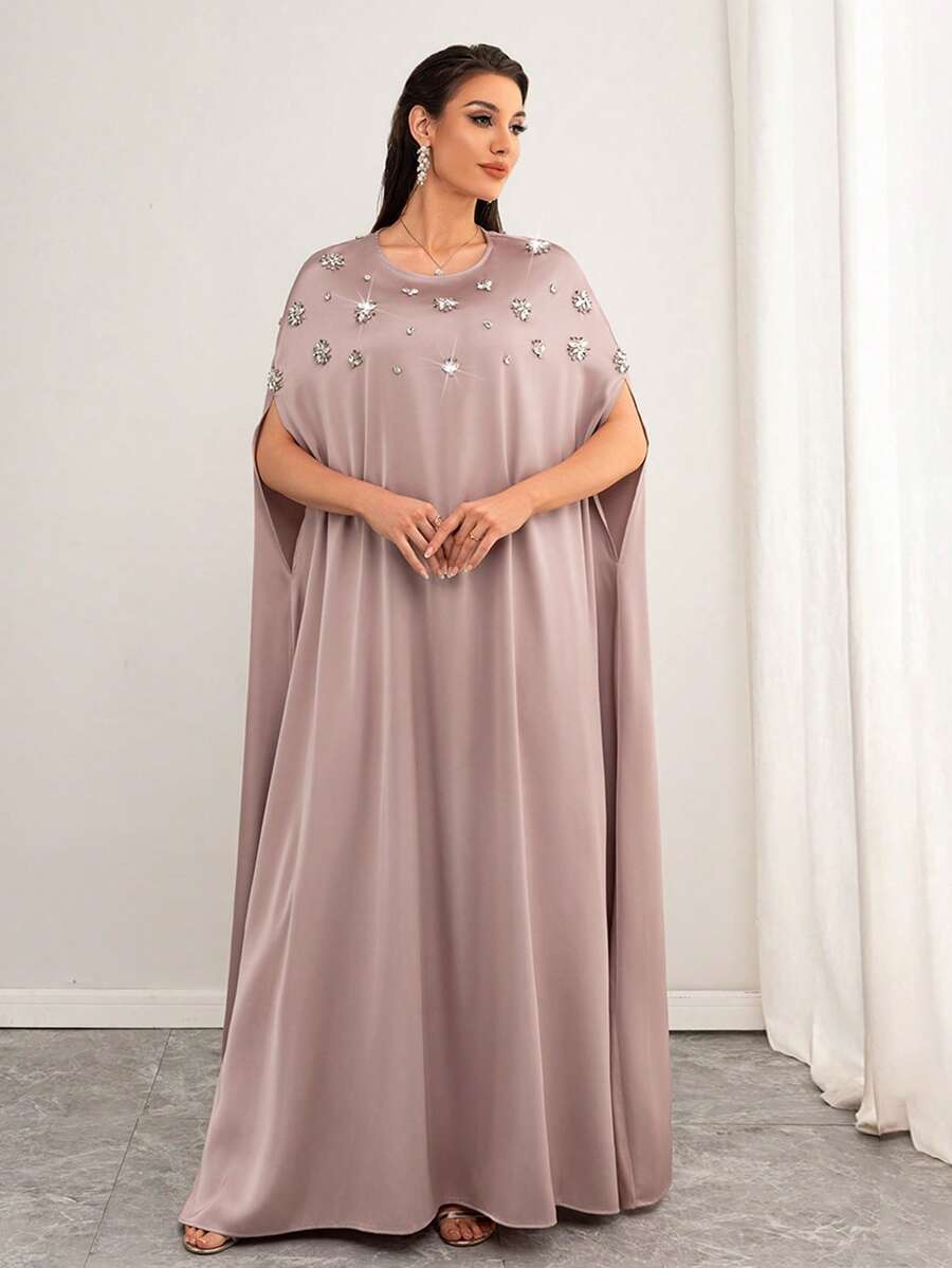 Women's Round Neck Rhinestone Embellished Casual Dress, Summer - Pink - View 1