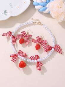 3pcs/Set Girls' Bow, Strawberry, Shell, Pearl Beaded Necklace & Earrings Jewelry Set - Multicolor - View 2