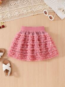 2pcs/Set Young Girls Heart Print Hollow-Out Camisole And Multi-Layer Ruffle Hem Skirt Set - White - View 4