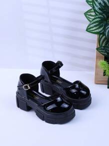 New Spring/Summer Girls High Heel Sandals Fashion Vintage Kids Closed Toe Shoes Big Children Leather Platform Shoes Black Little Girl School Shoes British Style Baby Student Flats