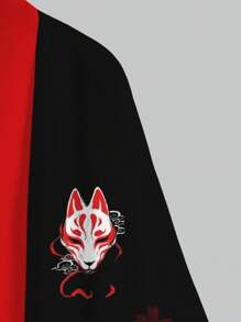 Men's Casual Fox Mask Silhouette Printed Kimono Shirt - Lightweight Polyester, Black With Red Floral Accents - Black - View 4