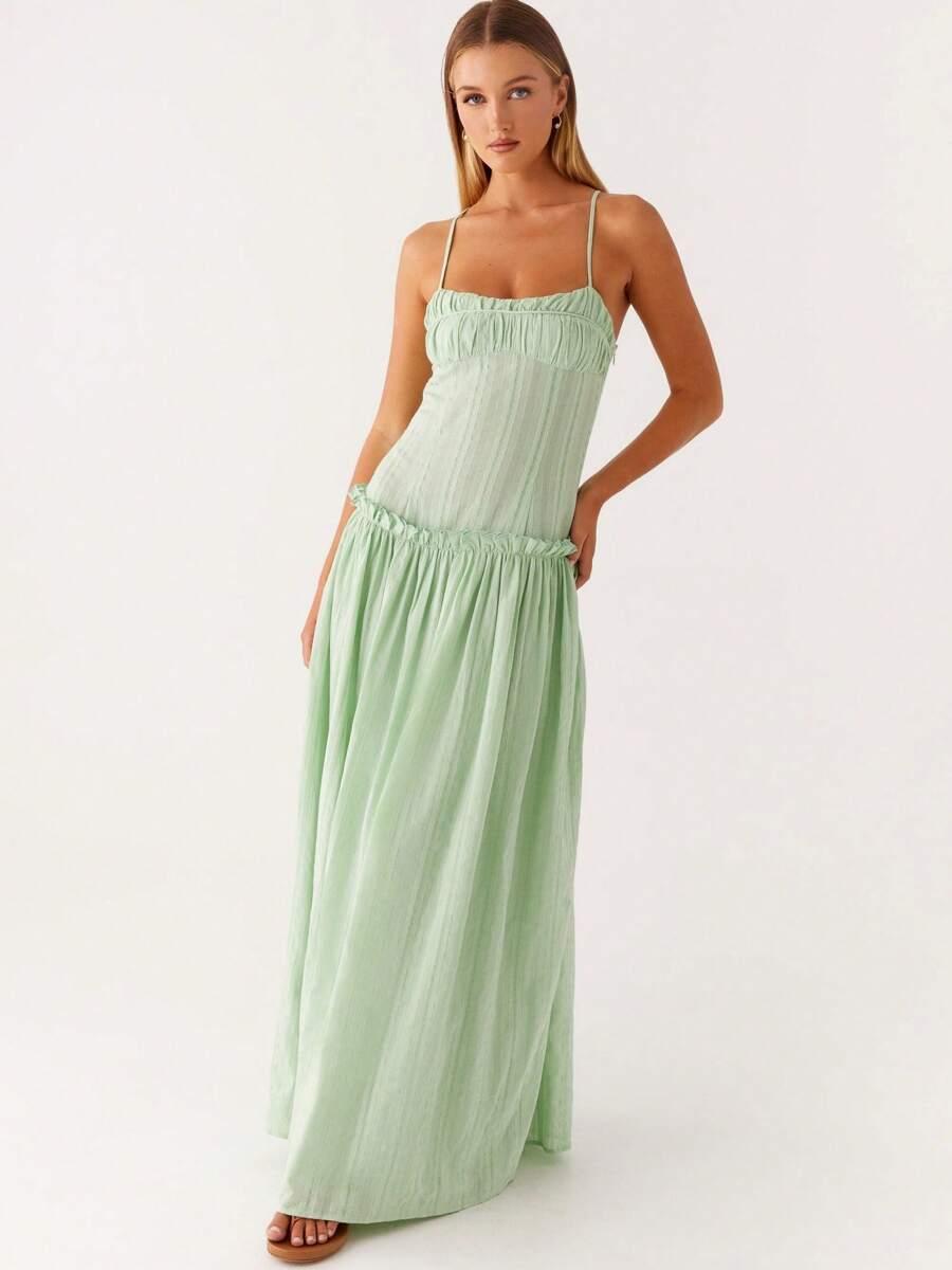 Women's Delicate Straps Smocked Bodice Maxi Dress Ideal For Summer Soirées - 綠色 - 查看 1