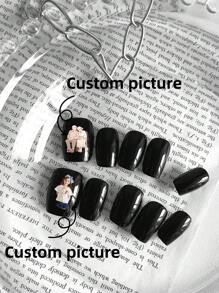 10 piezas de uñas postizas personalizadas, uñas falsas cortas, uñas para el Día de la Madre, uñas para el Día de San Valentín, diseño de nuevo arte DIY con dibujos animados, retratos, animales, patrones familiares, uñas de colores, uñas negras, suministros de uñas desmontables y reutilizables, polvo de uñas, purpurina para uñas, adecuadas para uso de niñas y señoras en escenario, baile, fiesta, boda, escenas festivas