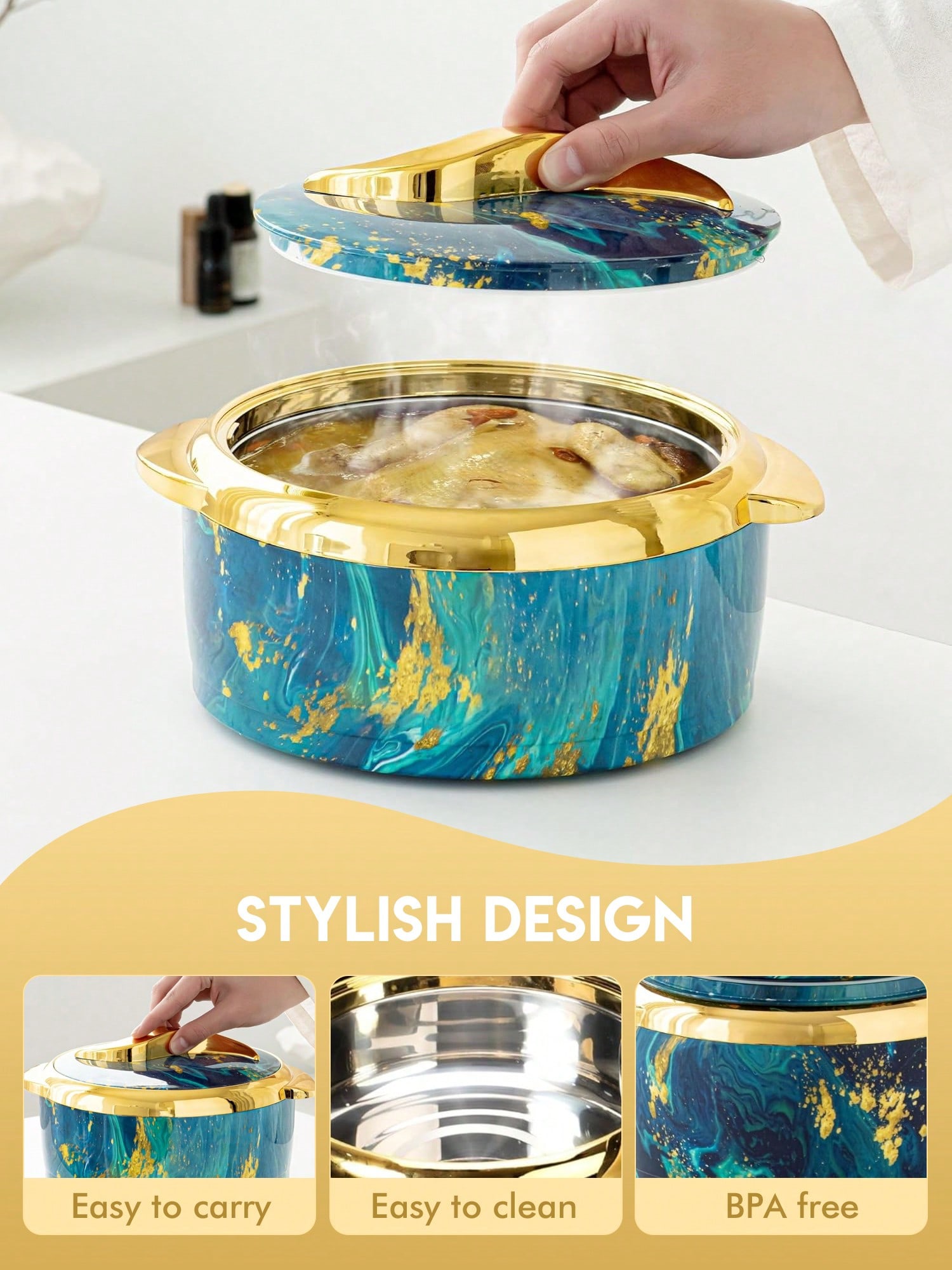 3 قطع، وسادة تدفئة الطعام لمسة ذهبية، طقم أواني تق...