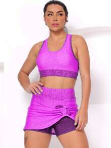 Shorts Skirt And Top Set Gradient Gym Workout Yoga Pilates Crossfit - 玫瑰紅 - 查看 1