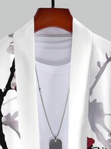 Kimono de hombre con estampado de flor de ciruelo, protección solar, poliéster, estilo informal de verano - Blanco - Ver 5