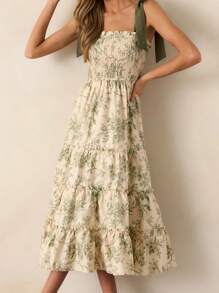 Women's Floral Dress Stylish Ruffled Trim Smocked Sleeveless Tie-Shoulder A-Line Long Dress - 綠色 - 查看 2