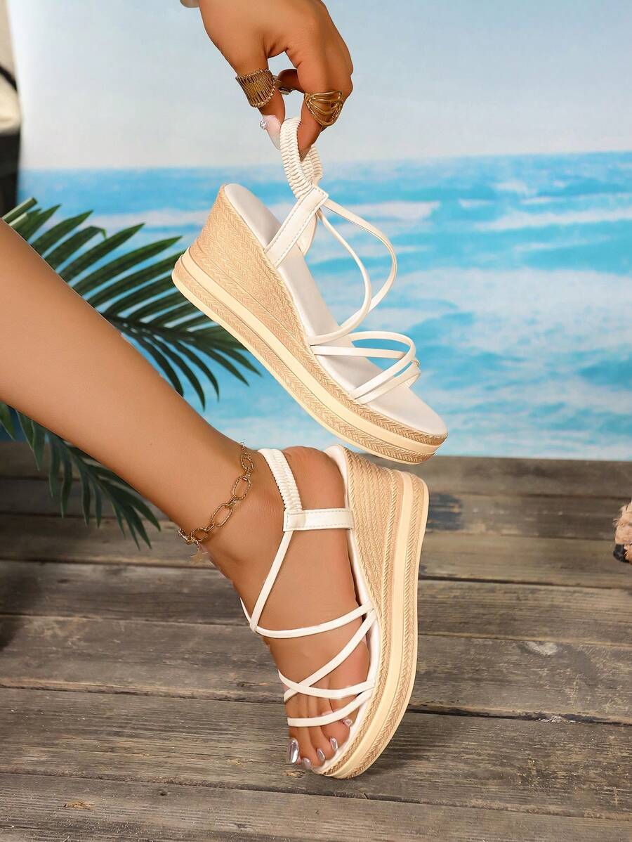 Sandali con zeppa da donna con cinturini incrociati, sandali casual versatili da esterno e da festa, suola comoda e leggera, tacco alto, cinturino elastico bianco puro, sandali da spiaggia beige
