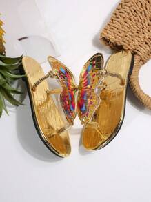 New Stylish Butterfly Design Gold Foil Print Thong Sandals For Teens, Suitable For Beach Vacation - Gold - View 6