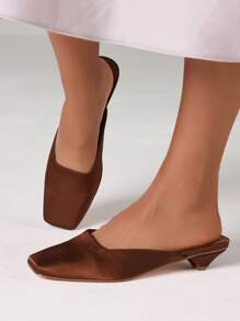 Women's Satin Slingback Mules Fashion Square Toe Thick Kitten Heel Slip On Slides Closed Toe Party Dress Pumps Woman - 棕色 - 查看 3