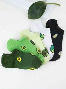 10 Pairs Women Avocado Cartoon Fresh Fashion Socks, Versatile Soft Comfortable Boat Socks, No Show Socks For All Season - Multicolor - View 3