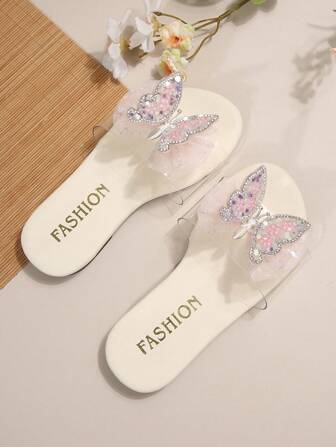全新透明蝴蝶装饰白色拖鞋和百搭平底便鞋，适合派对和日常穿着，适合青少年