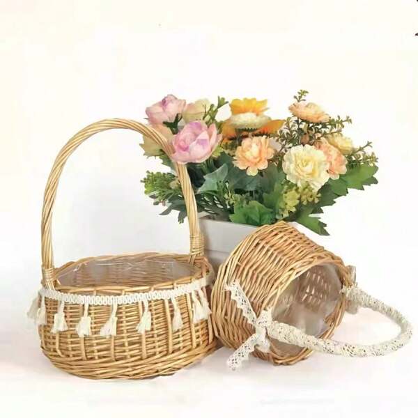 Bloemenmand Rotan Hand-Hold Bloemenmand Gevlochten Kleine Mand Bloem Arrangement Mand Rotan Bloempot Groene Plant Vetplantenpot Hand-Hold Kleine Mand Tafelblad Decoratie Bloemenmand Opbergmand Fruitmand Picknickmand