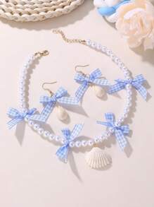 3pcs/Set Girls' Bow, Strawberry, Shell, Pearl Beaded Necklace & Earrings Jewelry Set - Multicolor - View 10