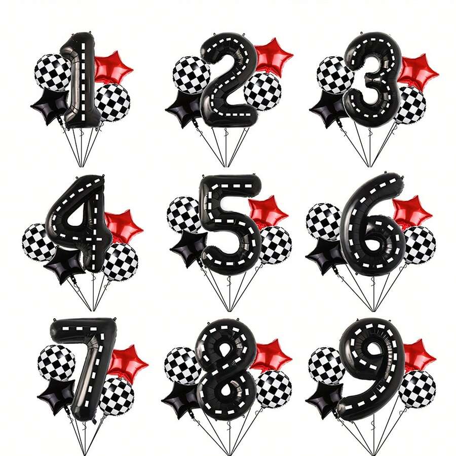 5pcs 40 Inch Black And White Checkered, Striped, Number Foil Balloon Set, Racing Theme Birthday Party Decoration, Suitable For Graduation, Wedding, Birthday, Room Decor - Multicolor - View 1