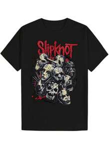 Estilo oscuro metálico, estampado con múltiples máscaras y patrones de calaveras, texto "slipkn*t" camiseta estampada camiseta casual de verano de manga corta 220 g de algodón pesado - Negro - Ver 1