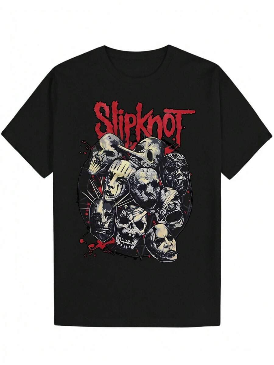 Estilo oscuro metálico, estampado con múltiples máscaras y patrones de calaveras, texto "slipkn*t" camiseta estampada camiseta casual de verano de manga corta 220 g de algodón pesado - Negro - Ver 1