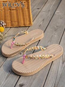 WRCVS 女士蓝色平底凉鞋，轻便舒适，度假一脚蹬拖鞋，透气仿绳鞋底，波西米亚风格沙滩鞋，泡沫底超轻 - 米色 - 查看 5