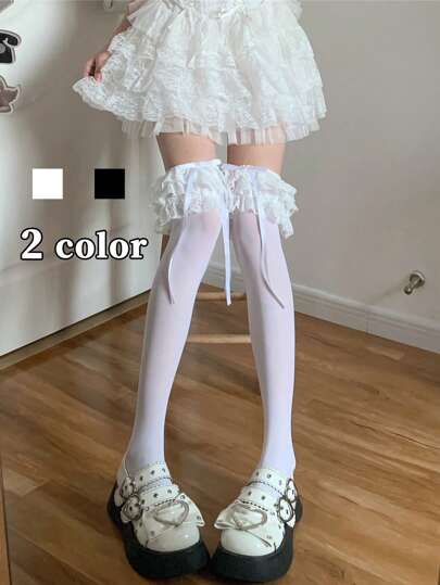 1/2 双女式纯色双层蕾丝边天鹅绒过膝袜，可爱洛丽塔风格高筒袜，春秋季薄款中筒袜，适合角色扮演、万圣节、节日、Y2K