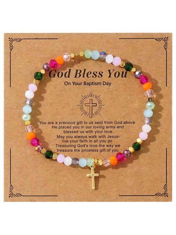 1pc Fashionable Card Cross & Square Crystal Beads Bracelet For Women