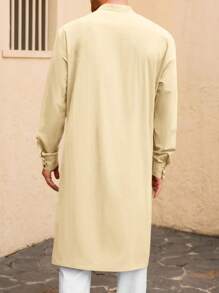 Runcati Kaftan de lino y algodón para hombre, bata musulmana informal de manga larga con botones y camisa Henley - Beis - Ver 2