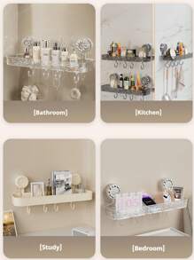 1pc Suction Cup Rectangular Bathroom Shelf, No-Drill Wall-Mounted Transparent Bathroom Organizer, Large Capacity With Hooks, Quick Drainage, Moisture-Proof, Ideal For Bathroom, Washbasin, Kitchen Storage Box Home Bathroom Decor Bathroom Accessories Bathroom Organizer Fall Decor Back To School