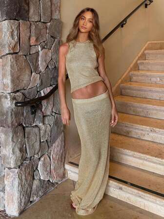 性感针织镂空两件套泳衣罩衫 2025 夏季女士喇叭袖腰系带上衣长裙套装俱乐部沙滩裙