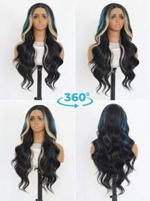 Long Wavy Ombre Highlight Blue To Brown Colorful Lace Front Wigs With Bangs For Women Long Curly Natural Heat Resistant Fiber Synthetic Blue Mixed White Wigs For Halloween Daily Use Party Cosplay