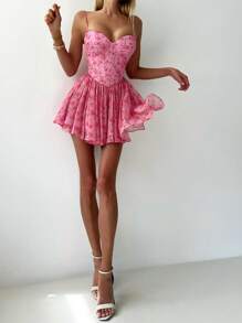 Women's Floral Print Chiffon Sexy Camisole Mini Dress For Summer, Featuring Elastic Ruched Back For Easy Wear, Suitable For Beach, Date, Music Festival - Pink - View 6