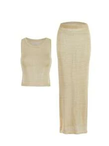 两件套性感镂空针织泳衣罩衫，女士夏季喇叭袖系腰上衣和长裙套装，适合夜店和海滩穿着 - 卡其色 - 查看 5