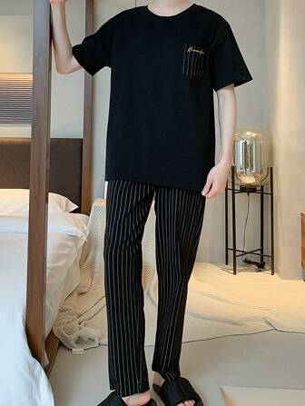 Simple And Fashionable Men's Short-Sleeved Trousers Pajama Suit, Lettering Pattern Men Skin-Friendly Comfortable Breathable Can Wear Home Wear Two Pieces