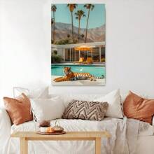 1pc Framed Canvas Poster Tiger Swimming-Pool Tropical-Resort Wall Art Canvas Paintings Ideal Gift For Bedroom Living Room Corridor Wall Art Wall Decor Room Decoration Ready To Hang