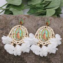 1pair Bohemian Floral Drop Earrings For Women Long Religious Flower Dangle Earrings, Festival Party Jewelry, Vacation Style Accessories