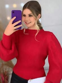 Women's Winter Cold Weather Puff Sleeve Princess Long Pleated Knit Sweater Top - 紅色 - 查看 2