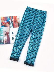 女孩美人鱼鳞片闪亮紧身打底裤，修身日常和派对穿着，彩虹色美人鱼闪光紧身裤 - 藍色 - 查看 3