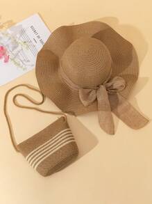 2Pcs Women Khaki Beach Sun Visor Wave Straw Hat & Crossbody Straw Tote Bag Set, Suitable For Travel & Vacation