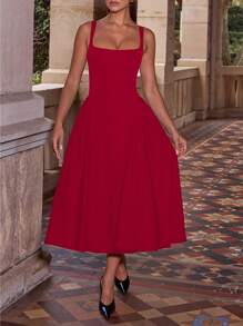 Square Neck Sleeveless Peplum Hem A-Line Dress, Minimalist & Fashionable For Summer - Burgundy - View 4