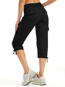 Quần lửng 7/8 Jisfaneya màu trơn, cạp chun, có túi, chất liệu co giãn - Màu đen, phong cách thường ngày, năng động, thích hợp cho kỳ nghỉ, thể thao, mùa xuân/hè. - màu đen - Xem 2