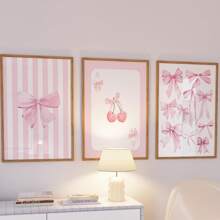 3pcs Pink Bow Watercolor Wall Art Picture Girly Canvas Prints Paintings Preppy Poster Decor For Bedroom, Living Room, Or Office College Apartment Room Decor No Frame