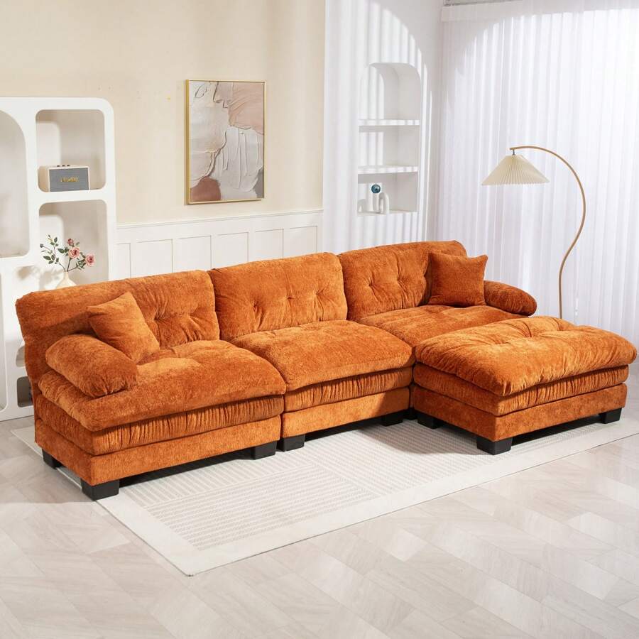 Luxury L-Shaped Modular Sectional Sofa: Deep Seating Reversible 3-Seat Sleeper Couch With Memory Foam And Pocket Springs, Comfortable Upholstered Furniture For Living Rooms, Apartments, Studios & Offices - 橘色 - 查看 1