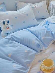 2-Piece Set, Light Blue Small Heart Print, Super Soft, Cute Girl Pattern, Fresh And Compact, Suitable For Spring/Summer Use, Bedding, Pillow Inserts Not Included, Twin/Full/Queen/King Size - Blue and White - View 2
