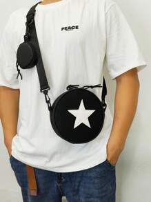 Black Letter Graphic Casual Shoulder Bag For Men, Suitable For Travel, Walking, And Shopping - Black - View 2