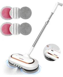 Trapeador eléctrico inalámbrico, trapeadores de doble giro para limpieza de pisos, con luz LED / sin soporte, limpiador recargable de fregado para múltiples pisos, autopropulsado (SIN tanque de agua) - Blanco - Ver 2