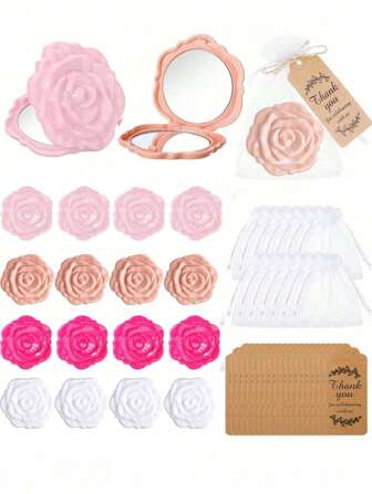 18/6件婚礼宾客回礼套装，玫瑰花翻盖镜套装，新娘送礼会玫瑰图案镜子塑料化妆镜，新娘感谢卡配纱布袋婚礼派对礼物伴娘礼物送给宾客新娘派对用品，适用于公主派对礼物，母亲节礼物，毕业礼物，新娘送礼会，婚礼，周年纪念装饰