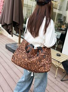1pc Brown Leopard Print Tote Bag, Large Capacity Zippered Closure Travel Bag, Fashionable Minimalist Travel & Fitness Bag - Multicolor - View 5