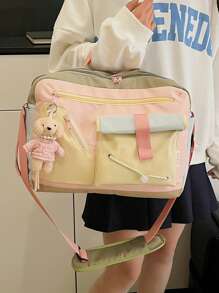 1 Piece Pink Nylon Casual Minimalist Zippered Drawstring Decorative Multi-Pocket Foldable Water-Resistant Zipper Crossbody Handbag Travel Bag (No Pendant) Suitable For Women Daily, Business Trip, Short-Distance Travel, Vacation, Clothing Storage, Weekend Bag - Pink - View 7